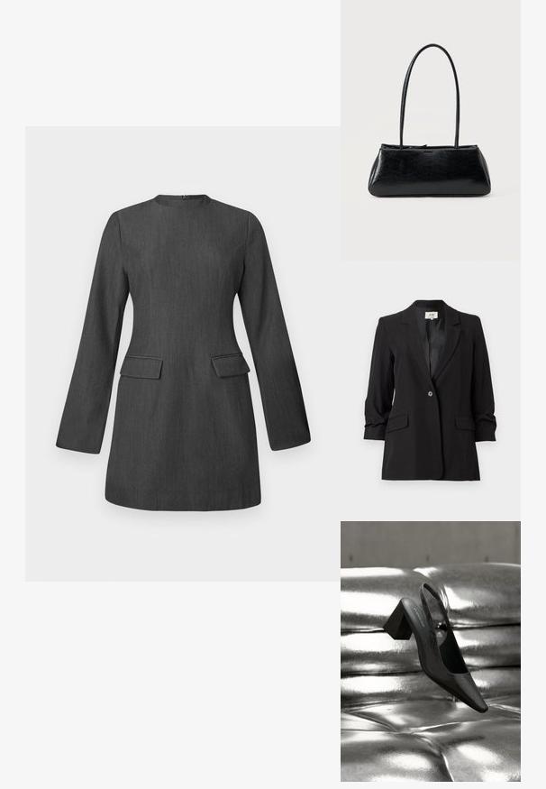 Zwarte, op maat gemaakte damesblazer met een enkele knoopsluiting, ingezette revers, driekwartmouwen en voorzakken met overslag, gepresenteerd tegen een witte achtergrond.; Grijze op maat gemaakte jurk met lange mouwen, ronde hals en twee voorzakken. Gemaakt van gestructureerde stof, met een strak en gestructureerd ontwerp.; Zwarte slingback hak met een puntige neus, voorzien van een getextureerd oppervlak en een stevige blokhak. Geplaatst tegen een glanzende, metallic achtergrond.; Zwarte rechthoekige schoudertas met lange dunne banden en een gladde, glanzende textuur op een effen achtergrond.