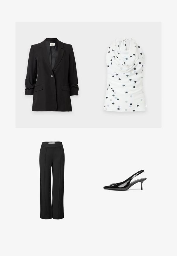 Zwarte, op maat gemaakte damesblazer met een enkele knoopsluiting, ingezette revers, driekwartmouwen en voorzakken met overslag, gepresenteerd tegen een witte achtergrond.; Witte haltertop met zwarte en grijze polkadotten, met een watervalhals en een striksluiting aan de achterkant.; Zwarte wijde broek van zachte stof met een gladde textuur. Kenmerkt zich door een hoge, elastische tailleband en subtiele voorplooien.; Zwarte gepatineerde leren slingback hakken met een puntige neus en een glanzende afwerking. Heeft een slanke hak en een ronde accent op de bovenkant.