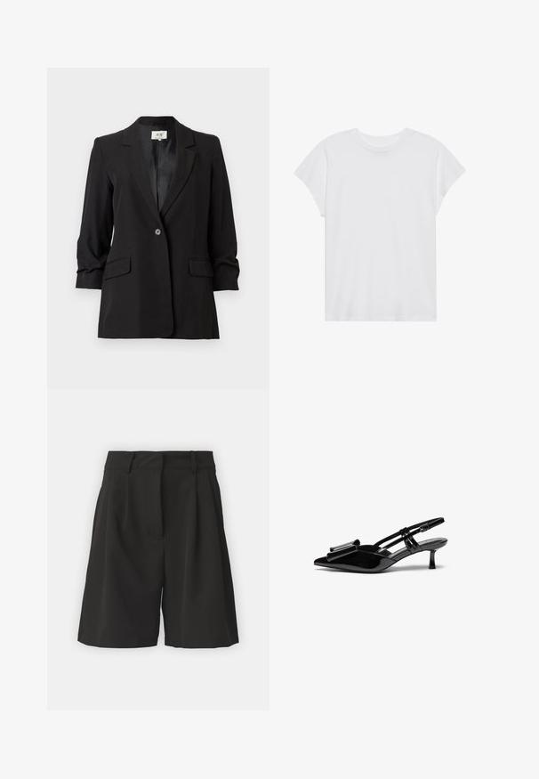 Zwarte, op maat gemaakte damesblazer met een enkele knoopsluiting, ingezette revers, driekwartmouwen en voorzakken met overslag, gepresenteerd tegen een witte achtergrond.; Witte t-shirt met korte mouwen, ronde hals, relaxte pasvorm, gemaakt van zacht katoen. Glad textuur, geen patronen of logo's.; Zwarte shorts met een op maat gemaakte ontwerping, voorzien van plooien aan de voorkant, een brede tailleband en een soepele textuur. Geen zichtbare zakken.; Zwarte gepatineerde lederen slingback hakken met een puntige neus, een strikdetail aan de voorkant en een kleine stilettohak. De bandjes hebben verstelbare gespen.