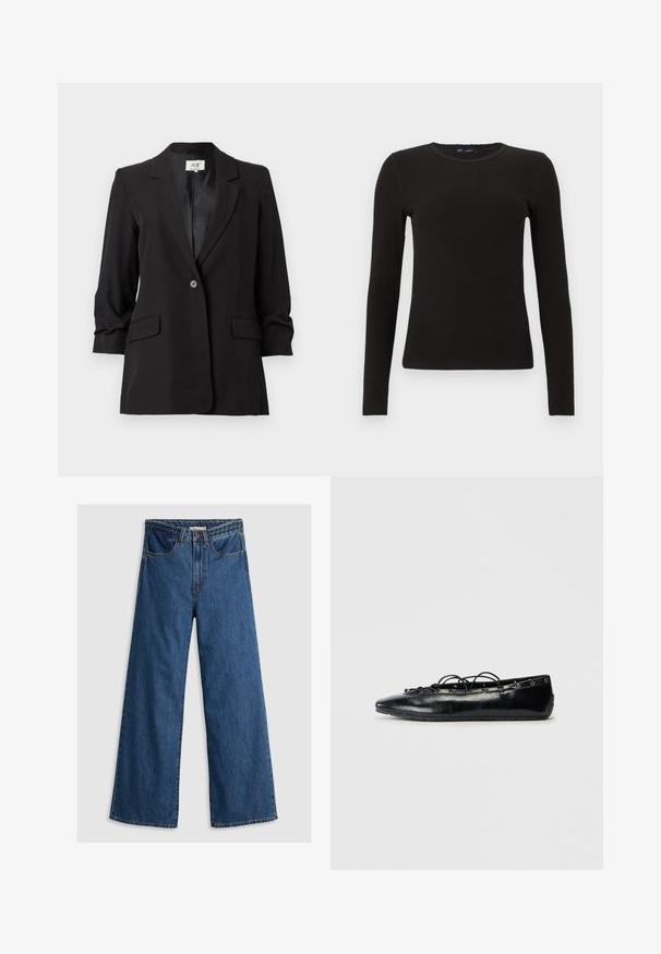Zwarte, op maat gemaakte damesblazer met een enkele knoopsluiting, ingezette revers, driekwartmouwen en voorzakken met overslag, gepresenteerd tegen een witte achtergrond.; Zwarte ribgebreide trui met lange mouwen, ronde hals, smalle pasvorm en subtiele textuur, weergegeven op een effen witte achtergrond.; Wijde blauwe denim jeans met een hoge taille, voorzien van een klassiek vijf-pocket ontwerp en een gestructureerde tailleband.; Zwarte puntige platte schoen met vetersluiting en oogjes langs de randen, weergegeven op een witte achtergrond.