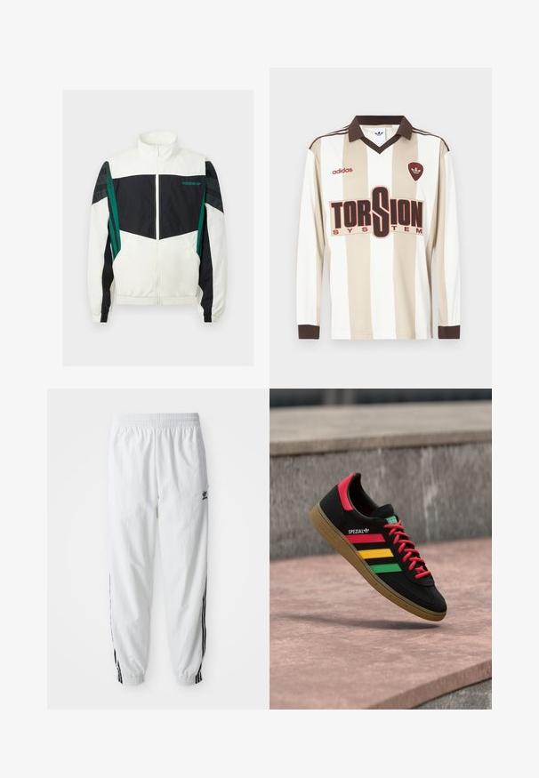Hvid og sort vindjakke med grønne detaljer, der har lynlås lukning, høj krave, elastiske manchetter og vandrette striber på ærmerne.; Langærmet beige og hvidstribet fodboldtrøje; har brun krave og ærmekanter, stort rødt "TORSION SYSTEM" logo og adidas-mærkning.; Hvide træningsbukser med sorte sidelister, elastisk talje og manchetter; har Adidas-logoet på venstre lår. Glat stoftekstur.; Sort Adidas Spezial-sneaker med røde, gule og grønne striber, røde snørebånd, gummisål og rødt hældetalje, vist svævende over fortovet.