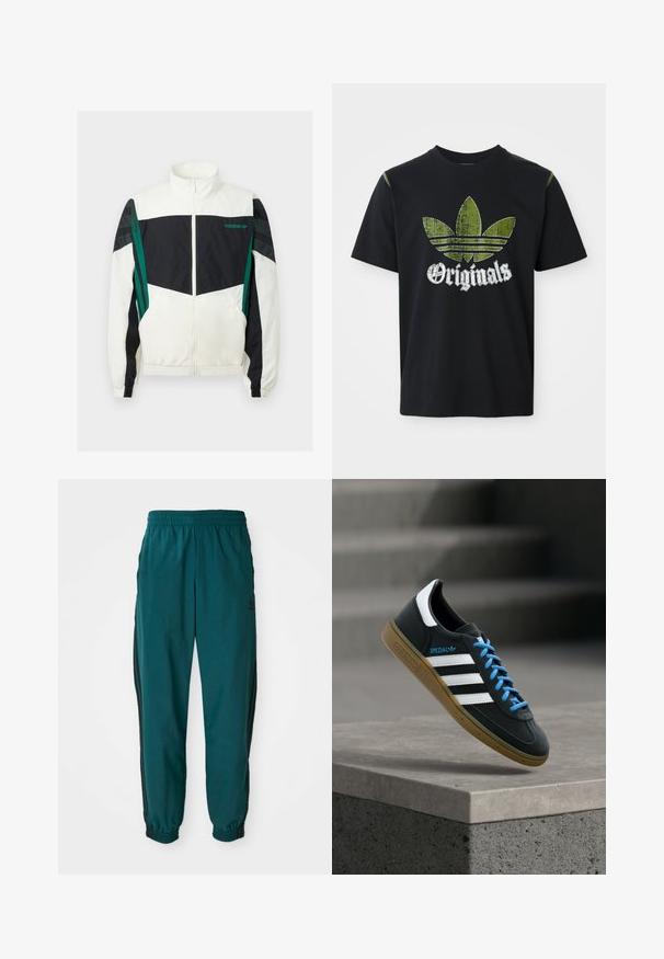 Cazadora blanca y negra con acentos verdes, que cuenta con cierre de cremallera, cuello alto, puños elásticos y rayas horizontales en las mangas.; Camiseta de algodón negra con un gráfico verde desgastado que presenta tres rayas y la palabra "Originales" debajo en blanco, cuello redondo, mangas cortas.; Pantalones deportivos en color verde azulado con cintura ajustable por cordón, puños elásticos y rayas negras en los lados. Fabricados con un tejido ligero, presentan un logo cerca de la cadera.; Zapatilla negra Adidas con franjas blancas, cordones azules y suela de goma flotando sobre un escalón de hormigón gris con luz suave.