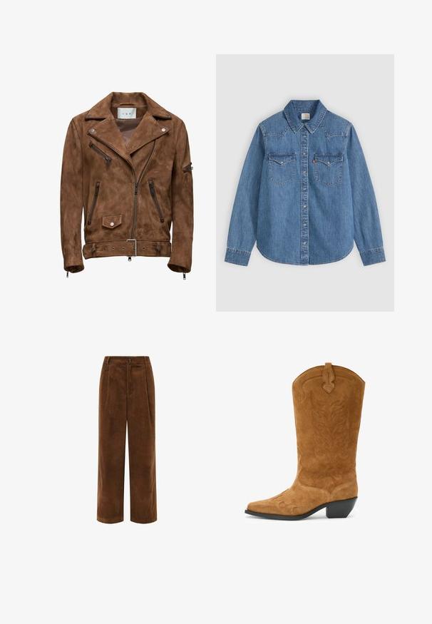 Bruine suède motorjack met zilverkleurige hardware, asymmetrische rits, twee voorzakken met rits en een drukknoopborstzak.; Blauw denim overhemd met lange mouwen, knopen, puntige kraag en twee borstzakken met klep op een lichte achtergrond.; Bruine corduroy wijdgerande broek met een gestructureerd oppervlak, geplisseerde voorkant en een ritssluiting. Voorzien van een klein merklabel op de tailleband.; Bruine suède cowboylaars met een spitse neus, gebogen bovenrand, decoratieve stiksels en een lage gestapelde hak. Geweven oppervlak heeft bloemenpatronen.
