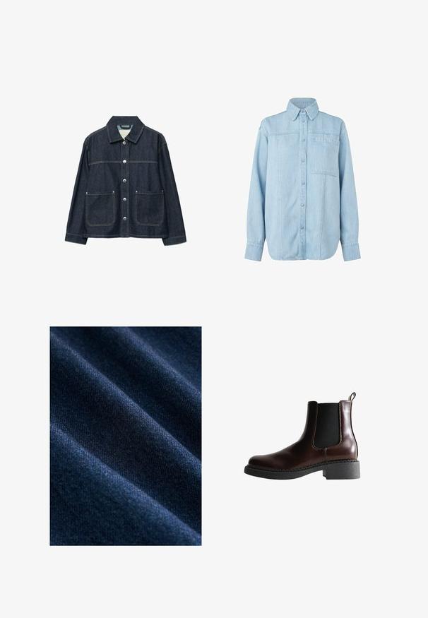 Mørkeblå denimjakke med sølvfarvede trykknapper foran, to forlommer med påsyede lommer og en lige krave.; Lyseblå denimskjorte med lange ærmer, knaplukning foran, spidse krave, enkelt brystlomme og subtile lodrette syninger.; Mørkeblå denimstof med en glat tekstur, der har synlige diagonale vævemønstre og subtile variationer i farve og glans.; Brune læder ankelstøvle med elastiske sidepaneler, rund tå og en struktureret sort gummisål. Har kontrasterende syninger og en trækflap.