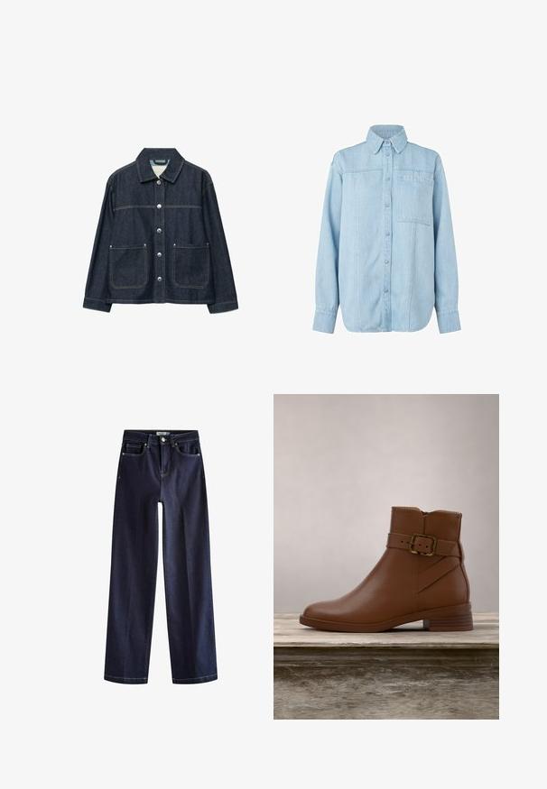 Dunkelblaue Jeansjacke mit silbernen Druckknöpfen vorne, zwei aufgesetzten Fronttaschen und geradem Kragen.; Hellblaues Denim-Hemd mit langen Ärmeln, knöpfbare Front, spitzem Kragen, einzelnen Brusttasche und dezenten vertikalen Nähdetails.; Next Jeans Straight Leg - rinse blue; Brauner Leder-Stiefel bis zum Knöchel mit abgerundetem Zeh, seitlicher Schnallendetail und niedrigem Blockabsatz. Glatte Textur vor natürlichem Hintergrund.