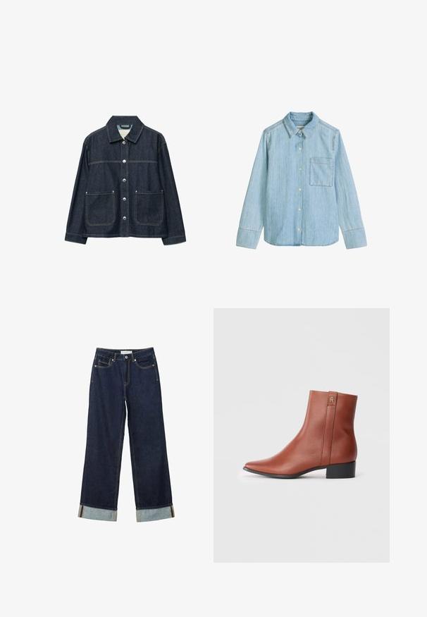 Dunkelblaue Jeansjacke mit silbernen Druckknöpfen vorne, zwei aufgesetzten Fronttaschen und geradem Kragen.; Hellblaues Denimhemd mit langen Ärmeln, Knopfleiste, Kragen und Brusttasche, flach auf weißem Hintergrund präsentiert.; Dunkelblaue, weit geschnittene Jeans mit hoher Taille, ausgestattet mit aufgerollten Säumen, Kontrastnähten und einem Fünf-Taschen-Design. Hergestellt aus Denim-Stoff.; Braune Leder-Ankelstiefel mit niedrigem schwarzen Absatz, spitzer Zehe und kleinem goldenen Logo-Detail oben auf einem weißen Hintergrund.