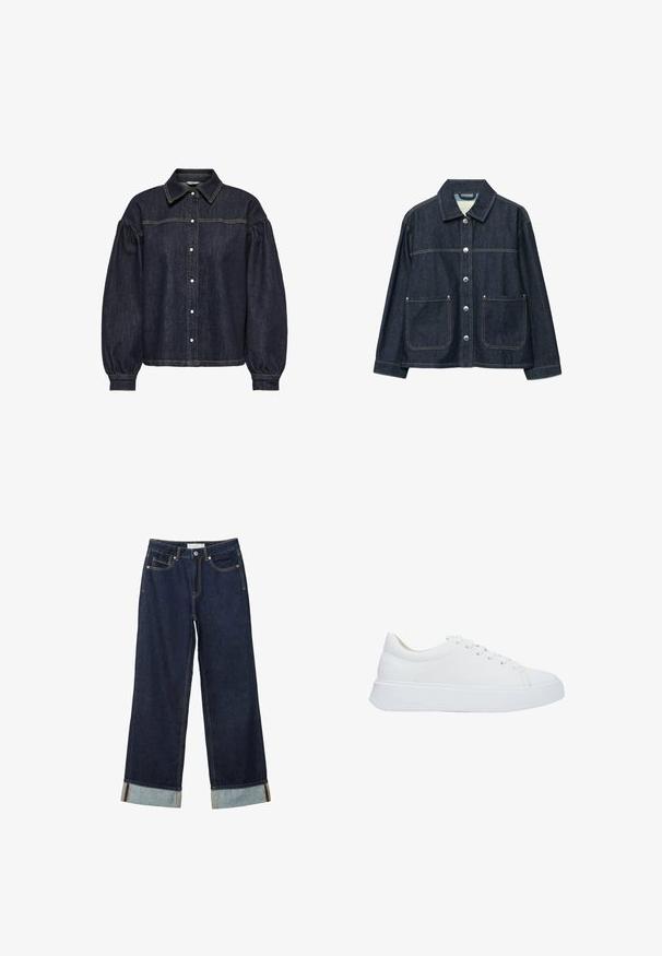 Donkerblauw denimjack met zilverkleurige drukknoopsluiting aan de voorkant, twee opgezette voorzakken en een rechte kraag.; Donkerblauwe denim shirt met poffende lange mouwen, knopen aan de voorkant, en contrasterende gele stiksels op de borst en de mouwnaden.; Donkerblauwe wijde jeans met een hoge taille, voorzien van omgeslagen manchetten, contrasterende stiksels en een vijf-pocket ontwerp. Gemaakt van denim stof.; Witte leren sneakers met een ronde neus, platte veters en een dikke rubberen zool. Gladde textuur met minimale stikseldetails.