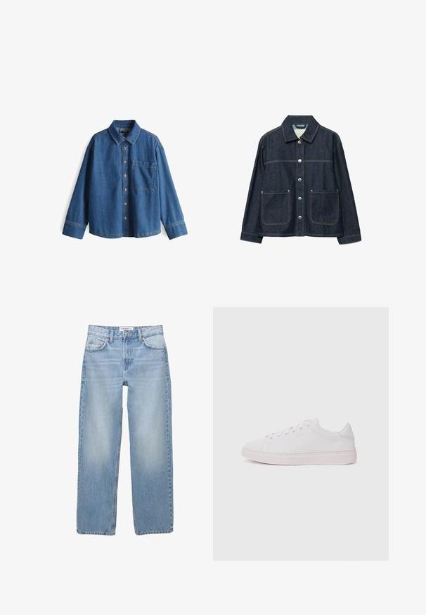 Dunkelblaue Jeansjacke mit silbernen Druckknöpfen vorne, zwei aufgesetzten Fronttaschen und geradem Kragen.; Jeanshemd, hellblau, langärmlig, Knopfleiste vorne, Kragen, eine Brusttasche, kontrastierende Nähte und ein lässiger Schnitt.; Helle blaue Jeans aus Denim mit geradem Bein, Fünf-Taschen-Stil und sichtbaren Nähdetails. Der Stoff hat eine weiche, leicht ausgewaschene Textur.; Weißer Sneaker mit einem oberen Teil aus glattem Leder, runder Zehenpartie und flacher Gummisohle. Verfügt über eine Schnürung und ein dezentes Logo an der Seite.