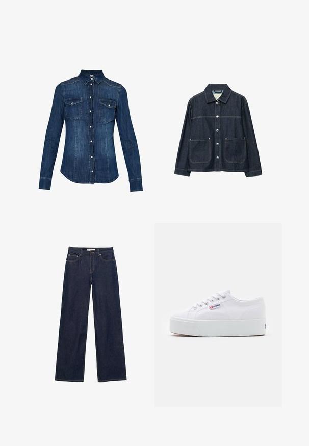 Veste en denim bleu foncé avec boutons-pression argentés sur le devant, deux poches plaquées à l'avant, et un col droit.; Chemise en denim bleu foncé, avec une fermeture à boutons à l'avant, un col pointu et deux poches sur la poitrine avec rabat. Manches longues avec poignets boutonnés.; Jean bleu foncé droit avec poches avant, passants pour ceinture, fermeture par boutons et coutures contrastantes visibles.; Baskets en toile blanches avec une épaisse semelle plateforme blanche, bout rond et œillets en métal pour les lacets. Logo de la marque affiché sur le côté.