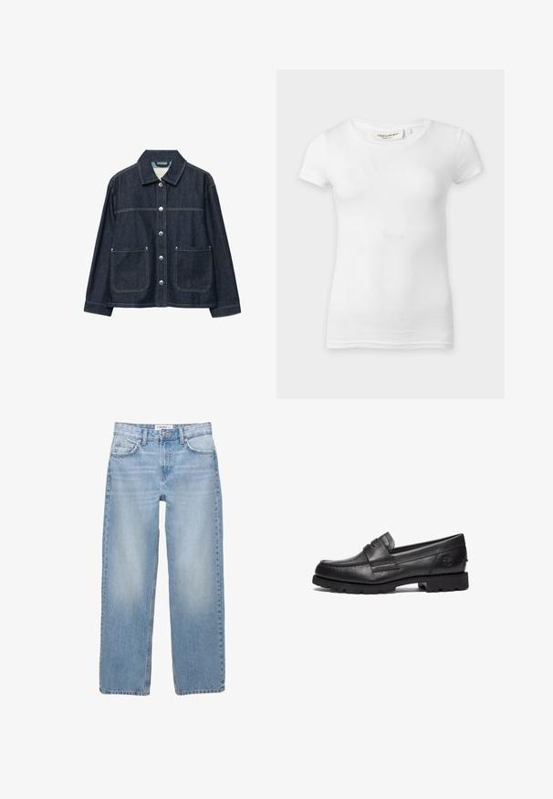 Mørkeblå denimjakke med sølvfarvede trykknapper foran, to forlommer med påsyede lommer og en lige krave.; Plain hvid kortærmet tætsiddende t-shirt med rund halsudskæring, vist på en flad overflade.; Lyseblå denimbukser med lige ben, fem-pockets stil og synlige syninger. Stofmaterialet har en blød, let falmet tekstur.; Timberland Loafers - black