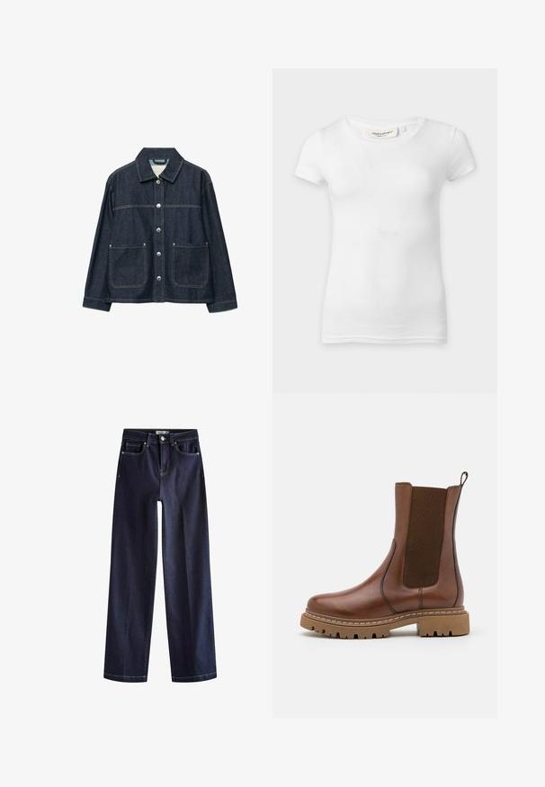 Mørkeblå denimjakke med sølvfarvede trykknapper foran, to forlommer med påsyede lommer og en lige krave.; Plain hvid kortærmet tætsiddende t-shirt med rund halsudskæring, vist på en flad overflade.; Next Jeans Straight Leg - rinse blue; Brune læder ankelstøvle med elastiske paneler og en trækflap. Har en kraftig gummisål og synlige stikninger langs kanterne.