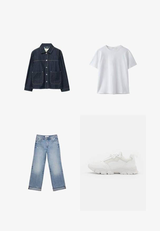 Veste en denim bleu foncé avec boutons-pression argentés sur le devant, deux poches plaquées à l'avant, et un col droit.; T-shirt blanc uni à manches courtes et col rond, en tissu doux, présenté sur fond blanc.; Jean en denim bleu clair avec un design à jambes larges, présentant un ourlet effiloché, un léger effet usé et un style classique à cinq poches.; NA-KD Baskets basses - white