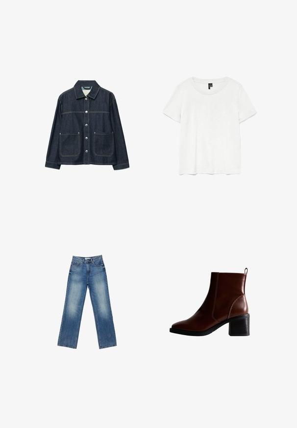 Dunkelblaue Jeansjacke mit silbernen Druckknöpfen vorne, zwei aufgesetzten Fronttaschen und geradem Kragen.; Weißes T-Shirt mit kurzen Ärmeln und rundem Ausschnitt, hergestellt aus leichtem Stoff. Schlichtes Design, glatte Textur und gerader Saum.; Helle Denim-Hosen mit weitem Bein und einem verwaschenen Finish, fünf Taschen, sichtbaren Nähten, Knopf- und Reißverschluss sowie geradem Schnitt.; Braune Leder-Ankle-Boots mit quadratförmiger Spitze und seitlicher Naht, einem 7,5 cm hohen Blockabsatz und einem Ziehhilfen an der Rückseite für einfaches An- und Ausziehen.