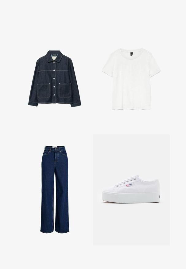 Veste en denim bleu foncé avec boutons-pression argentés sur le devant, deux poches plaquées à l'avant, et un col droit.; T-shirt blanc à manches courtes avec un col rond, fabriqué en tissu léger. Design simple, texture lisse et ourlet droit.; Jean large taille haute bleu foncé avec poches avant, passants pour ceinture, fermeture par bouton et détails de coutures visibles.; Baskets en toile blanches avec une épaisse semelle plateforme blanche, bout rond et œillets en métal pour les lacets. Logo de la marque affiché sur le côté.