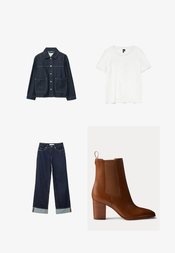 Veste en denim bleu foncé avec boutons-pression argentés sur le devant, deux poches plaquées à l'avant, et un col droit.; T-shirt blanc à manches courtes avec un col rond, fabriqué en tissu léger. Design simple, texture lisse et ourlet droit.; Jean large bleu foncé à taille haute, avec des ourlets roulés, des coutures contrastées et un design à cinq poches. Fabriqué en tissu en denim.; Bottine en cuir marron avec talon bloc, panneaux latéraux élastiques et languette à l'arrière, vue de profil sur un fond uni.