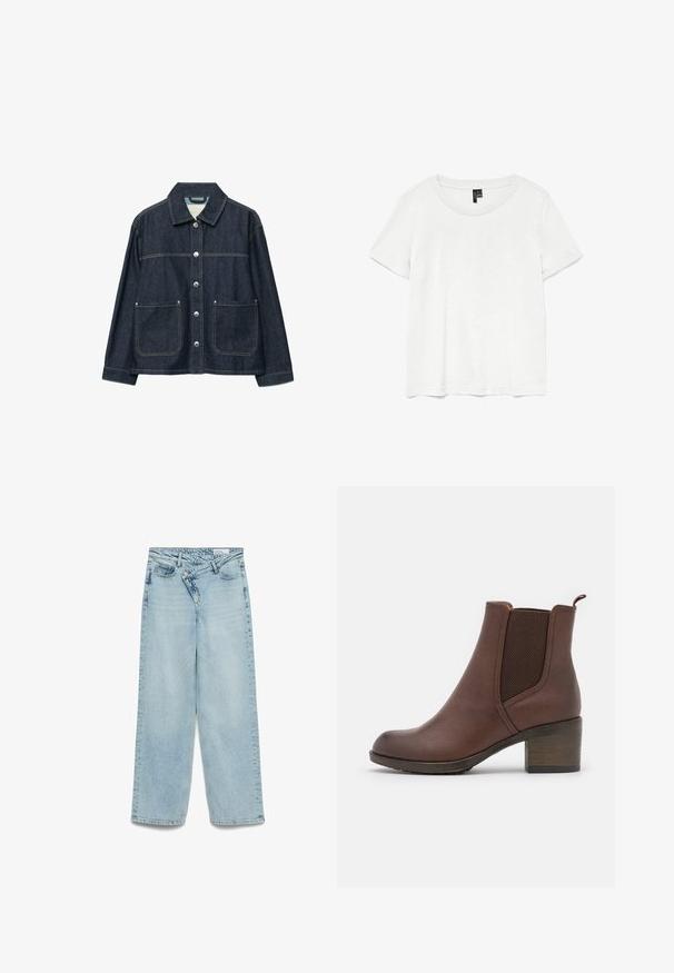 Veste en denim bleu foncé avec boutons-pression argentés sur le devant, deux poches plaquées à l'avant, et un col droit.; T-shirt blanc à manches courtes avec un col rond, fabriqué en tissu léger. Design simple, texture lisse et ourlet droit.; Jean droit bleu clair en denim. Comprend une taille mi-haute, cinq poches et une fermeture éclair avec bouton.; Bottine en cuir marron, avec une finition lisse, des panneaux latéraux élastiques, un bout arrondi et un talon en bois modéré.