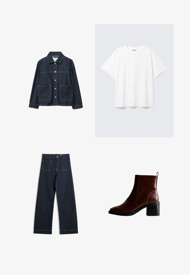 Mørkeblå denimjakke med sølvfarvede trykknapper foran, to forlommer med påsyede lommer og en lige krave.; Hvid T-shirt med korte ærmer og rund halsudskæring med en afslappet pasform og et "WEEKDAY" mærke på indersiden af nakken bagtil.; Mørkeblå vide jeans lavet af denim med kontrasterende beige syninger, to baglommer og en knaplukning i taljen.; Brun læder ankelstøvle med firkantet tå og sidesøm, en 7,5 cm stablet hæl og en trækflap bagpå for nem påtagning.