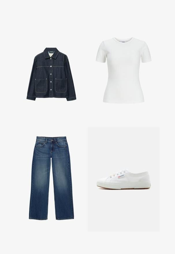 Donkerblauw denimjack met zilverkleurige drukknoopsluiting aan de voorkant, twee opgezette voorzakken en een rechte kraag.; Witte geribbelde t-shirt met korte mouwen en ronde halslijn, met een getailleerd ontwerp. Gemaakt van een soepele stof, geschikt voor laagjes of casual draag.; Blauwe wijde spijkerbroeken van denim met een verweerde afwerking, voorzien van vijf zakken, een knoopsluiting aan de voorkant en zichtbare stikseldetails.; Witte lage canvas sneaker met rubberen zool, metalen vetergaatjes en een merklabel "Superga" aan de zijkant, gezien vanaf de buitenkant.
