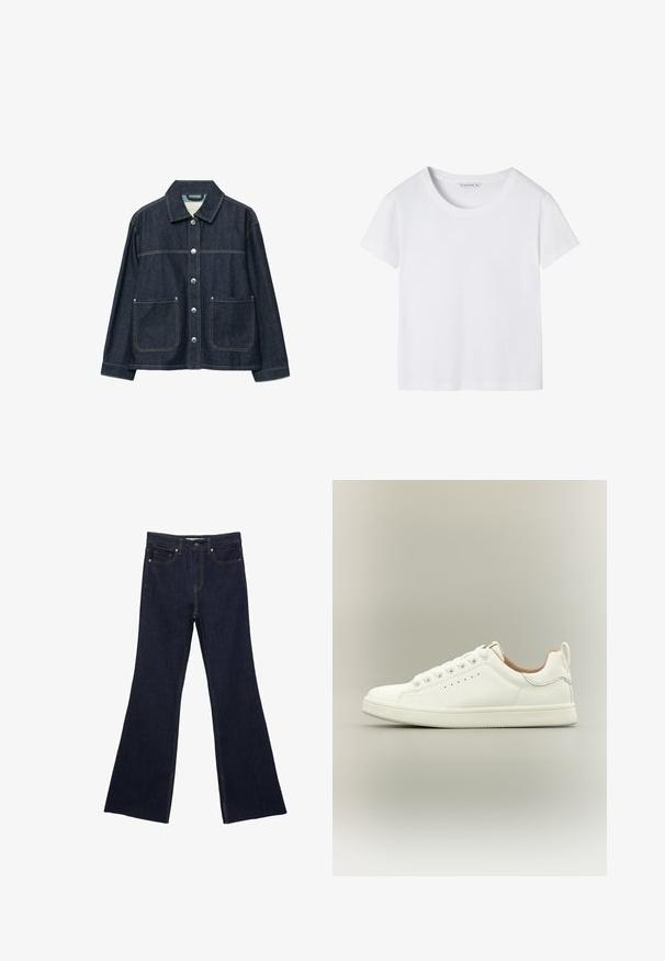 Dunkelblaue Jeansjacke mit silbernen Druckknöpfen vorne, zwei aufgesetzten Fronttaschen und geradem Kragen.; Schlichtes weißes Kurzarm-T-Shirt mit rundem Ausschnitt und mittlerem Größenetikett, flach auf weißem Hintergrund präsentiert.; Dunkelblaue Jeans mit ausgestelltem Bein, ausgestattet mit einem klassischen Fünf-Taschen-Design und sichtbaren Nähten. Der Stoff hat eine glatte Textur mit minimalen Verblassungen.; Weißer Sneaker mit niedrigem Schaft, Schnürsenkeln, perforierten Seitendetails und einem Zuglasche an der Ferse, vor neutralem Hintergrund.