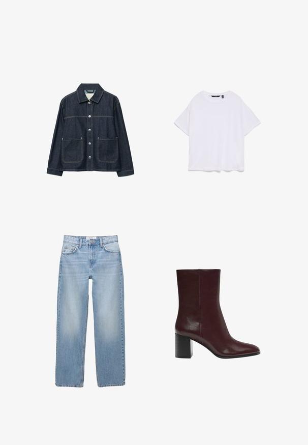 Veste en denim bleu foncé avec boutons-pression argentés sur le devant, deux poches plaquées à l'avant, et un col droit.; T-shirt blanc uni en coton à manches courtes et col rond, vue à plat sur fond blanc.; Jean en denim bleu clair avec une coupe droite, style cinq poches et des détails de couture visibles. Le tissu a une texture douce et légèrement décolorée.; Bottes à chevilles bourgogne en cuir lisse, avec un bout pointu et un talon épais et texturé noir. Design minimaliste avec des lignes épurées.