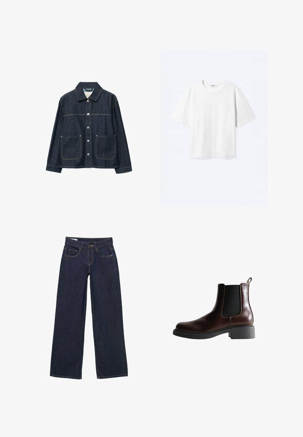 Dunkelblaue Jeansjacke mit silbernen Druckknöpfen vorne, zwei aufgesetzten Fronttaschen und geradem Kragen.; Weißes T-Shirt mit kurzen Ärmeln und Rundhalsausschnitt mit geradem Saum, innen mit gebrandetem "WEEKDAY"-Label am Kragen.; Dunkelblaue, weit geschnittene Jeans aus Denim mit Knopf- und Reißverschluss, fünf Taschen und gelben Nähten.; Braune Leder-Boots mit elastischen Seitenteilen, runder Spitze und einer strukturierten schwarzen Gummisohle. Verfügt über kontrastierende Nähte und eine Ziehlasche.