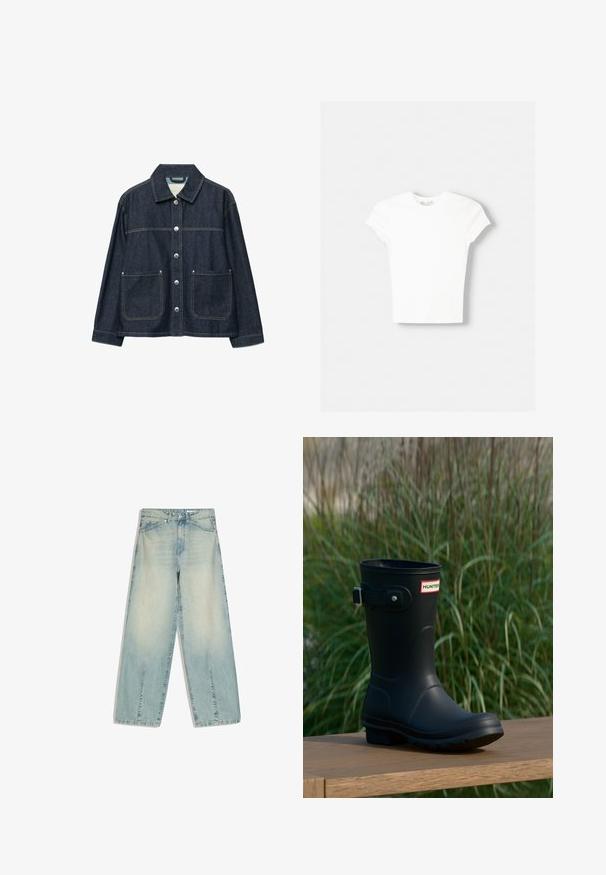 Veste en denim bleu foncé avec boutons-pression argentés sur le devant, deux poches plaquées à l'avant, et un col droit.; T-shirt blanc à manches courtes en coton doux, avec un col rond et une coupe ajustée. Pas de motifs ni d'ornements visibles.; Jean en denim bleu clair à jambes larges avec poches avant, passants pour ceinture, fermeture par bouton et détails légèrement délavés.; Botte de pluie en caoutchouc noir avec une finition brillante, dotée d'une boucle argentée et d'un écusson de logo. La semelle est texturée pour une meilleure adhérence.