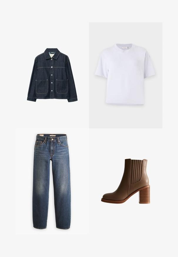 Veste en denim bleu foncé avec boutons-pression argentés sur le devant, deux poches plaquées à l'avant, et un col droit.; T-shirt en coton blanc avec une coupe décontractée, des manches courtes, un col rond et sans motifs ni embellissements visibles. Texture lisse.; Jean en denim bleu foncé avec une coupe droite, doté de cinq poches, de rivets en cuivre et d'un léger délavage sur les cuisses.; Bottine en cuir marron avec un talon bloc empilé et des panneaux latéraux en élastique pour un enfilage facile, présentée en vue de profil sur fond blanc.