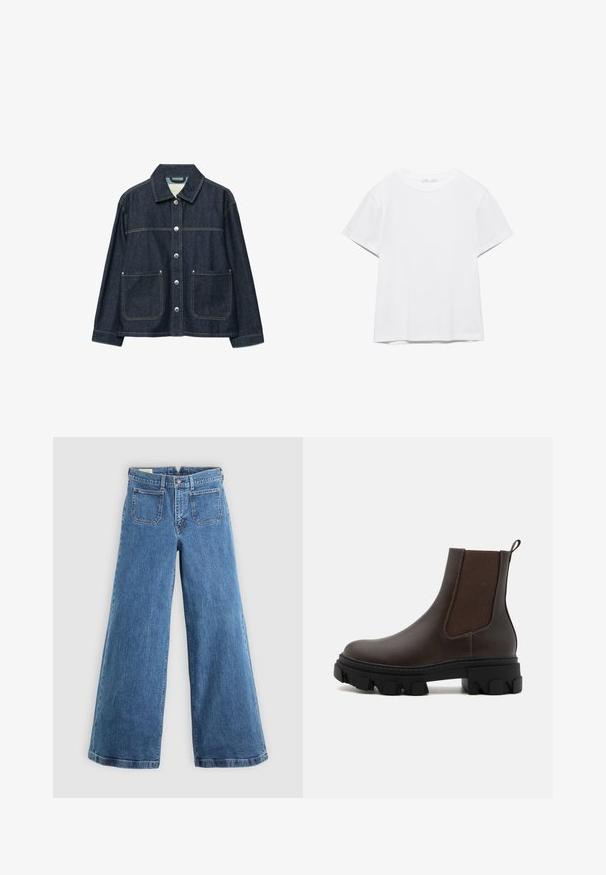 Donkerblauw denimjack met zilverkleurige drukknoopsluiting aan de voorkant, twee opgezette voorzakken en een rechte kraag.; Effen wit T-shirt met korte mouwen en ronde hals, met een rechte zoom, gepresenteerd tegen een witte achtergrond.; Blauwe hoge taille wijde benen jeans met voorzakken, riemlussen, knoopsluiting en ritssluiting op een effen achtergrond.; Bruine leren Chelsea boots met elastische zijpanelen, textuurstofaccenten, dikke zwarte rubberen zool en een trekband aan de achterkant.