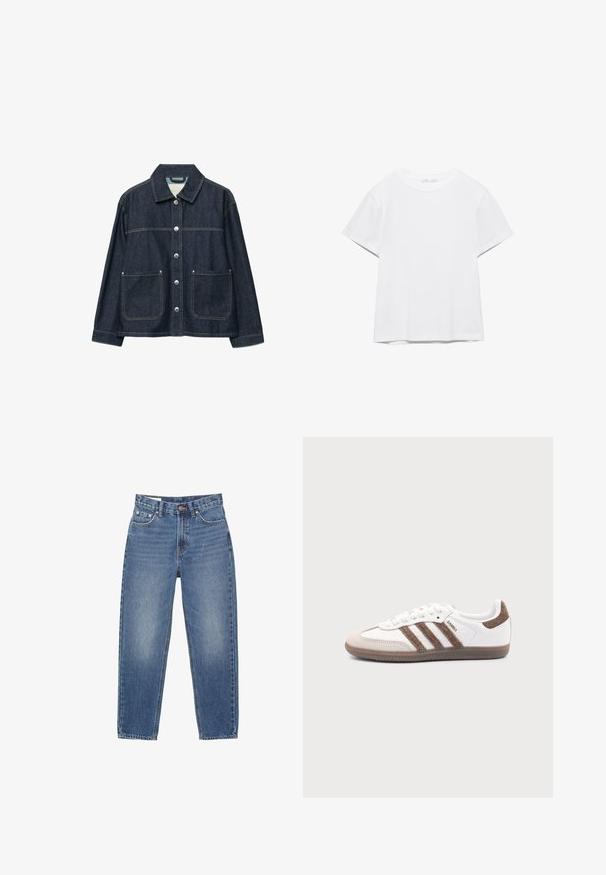 Mørkeblå denimjakke med sølvfarvede trykknapper foran, to forlommer med påsyede lommer og en lige krave.; Hvid, kortærmet T-shirt med rund hals og lige kant, vist på en hvid baggrund.; Blå denimjeans med lige ben, fem-lomme stil og synlige syninger på hvid baggrund.; Hvid Adidas Samba sneaker med brune ruskindstriber, brun gummisål og beige ruskindståhætte, vist fra ydersiden på en ensfarvet baggrund.