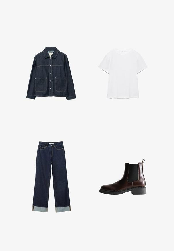 Dunkelblaue Jeansjacke mit silbernen Druckknöpfen vorne, zwei aufgesetzten Fronttaschen und geradem Kragen.; Unifarbenes weißes T-Shirt mit kurzen Ärmeln und Rundhalsausschnitt, gerader Saum, dargestellt auf weißem Hintergrund.; Dunkelblaue, weit geschnittene Jeans mit hoher Taille, ausgestattet mit aufgerollten Säumen, Kontrastnähten und einem Fünf-Taschen-Design. Hergestellt aus Denim-Stoff.; Braune Leder-Boots mit elastischen Seitenteilen, runder Spitze und einer strukturierten schwarzen Gummisohle. Verfügt über kontrastierende Nähte und eine Ziehlasche.