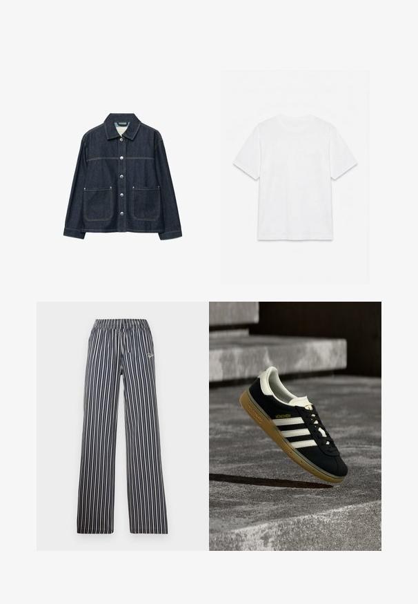 Mørkeblå denimjakke med sølvfarvede trykknapper foran, to forlommer med påsyede lommer og en lige krave.; Hvid ensfarvet t-shirt med korte ærmer og rund hals, lagt fladt på en hvid baggrund.; Marine- og hvide stribede bukser med elastisk talje, brede ben og broderet logo detaljeret på venstre hofte.; Sort Adidas München-sneaker med hvide striber og gummisål svævende over ribbet betontrappe.