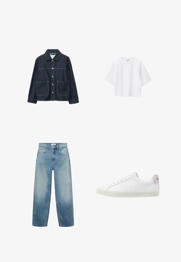 Dunkelblaue Jeansjacke mit silbernen Druckknöpfen vorne, zwei aufgesetzten Fronttaschen und geradem Kragen.; Weißes, kurz geschnittenes T-Shirt aus weicher Baumwolle mit Rundhalsausschnitt, kurzen Ärmeln und lockerer Passform. Einfaches und vielseitiges Design.; Helle blaue Denim-Jeans im weiten Schnitt mit hoher Taille, fünf Taschen und einem Knopfverschluss. Ausgebleichtes Muster am unteren Ende.; Weiße Ledersneaker mit einer strukturierten, cremefarbenen Gummisohle. Zu den Merkmalen gehören Schnürsenkel, dezente Nähte und ein grauer Wildleder-Hackeneinsatz.