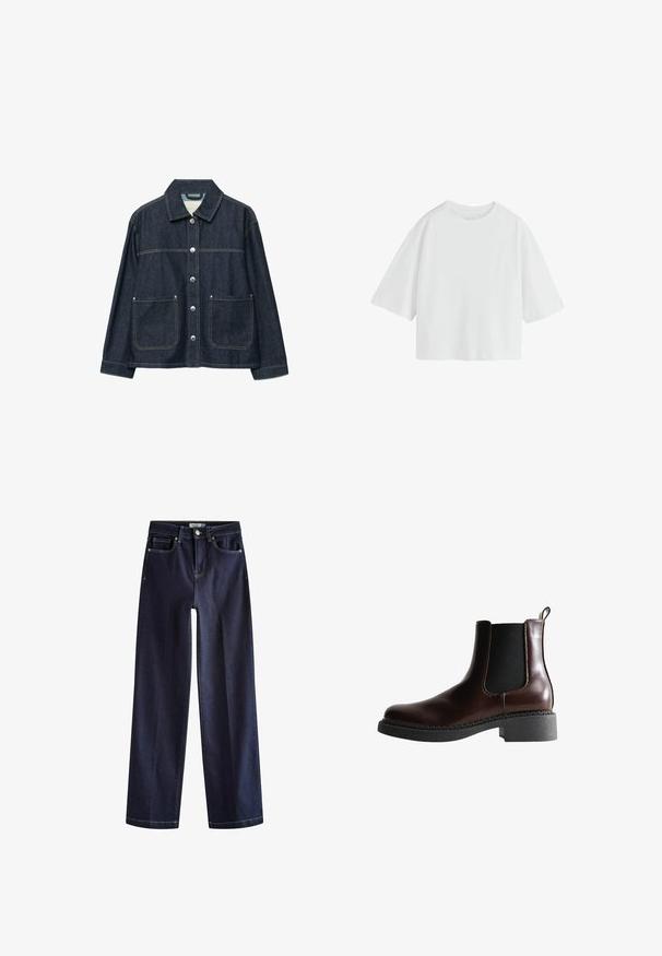 Donkerblauw denimjack met zilverkleurige drukknoopsluiting aan de voorkant, twee opgezette voorzakken en een rechte kraag.; Effen witte oversized T-shirt met korte mouwen, een ronde hals en een losse pasvorm.; Next Straight leg jeans - rinse blue; Bruine leren enkelboot met elastische zijpanelen, ronde neus en een gestructureerde zwarte rubberen zool. Heeft contrasterende stiksels en een lusje aan de achterkant.