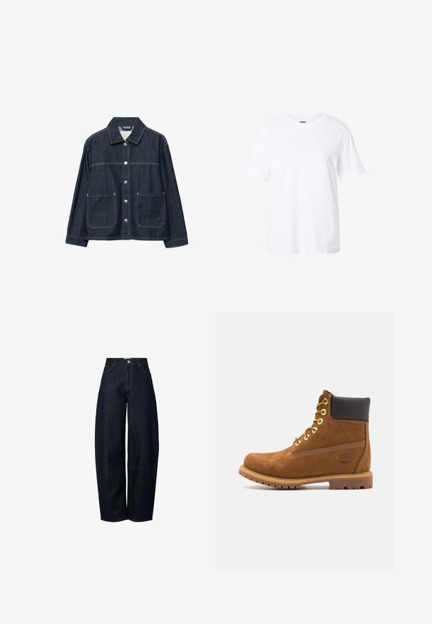 Dunkelblaue Jeansjacke mit silbernen Druckknöpfen vorne, zwei aufgesetzten Fronttaschen und geradem Kragen.; Schlichtes weißes T-Shirt mit kurzen Ärmeln, Rundhalsausschnitt, lockerer Passform und kleinem Etikett innen im Kragen.; Hellebänder dunkelblaue Jeans mit weitem Bein und hoher Taille, versehen mit kontrastierendem orangefarbenem Nähen und einem Knopfverschluss auf der Vorderseite.; Braune Wildleder-Stiefelette mit schwarzem gepolstertem Kragen, goldenen Ösen, Schnürung an der Vorderseite und Gummisohle mit strukturiertem Muster.