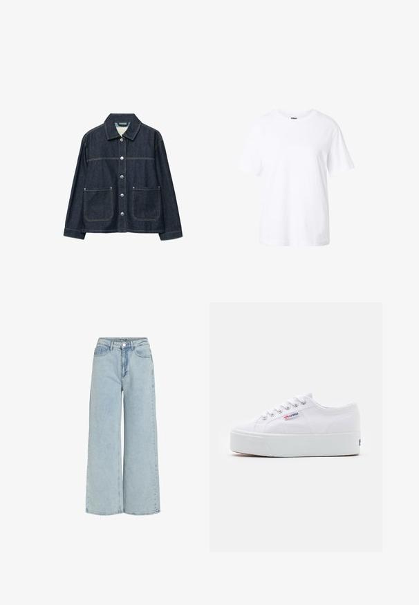 Veste en denim bleu foncé avec boutons-pression argentés sur le devant, deux poches plaquées à l'avant, et un col droit.; T-shirt blanc uni à manches courtes avec col rond, coupe décontractée et petite étiquette à l'intérieur du col.; Jean large en denim bleu clair avec taille haute, poches avant et fermeture par bouton. Caractéristiques d'une texture délavée et de lignes épurées.; Baskets en toile blanches avec une épaisse semelle plateforme blanche, bout rond et œillets en métal pour les lacets. Logo de la marque affiché sur le côté.