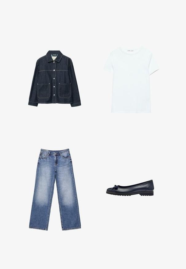 Donkerblauw denimjack met zilverkleurige drukknoopsluiting aan de voorkant, twee opgezette voorzakken en een rechte kraag.; Effen wit katoenen T-shirt met korte mouwen en een ronde hals, plat gelegd op een witte achtergrond, zonder zichtbare patronen of logo's.; Lichtblauwe denim jeans met wijde pijpen, voorzakken, riemlussen, knoopsluiting en subtiele vervaging op de voorkant van de dijen.; Navyblauwe leren balletschoenen met een klein strikdetail, ronde neus en een gestructureerde zool met een lage hak.