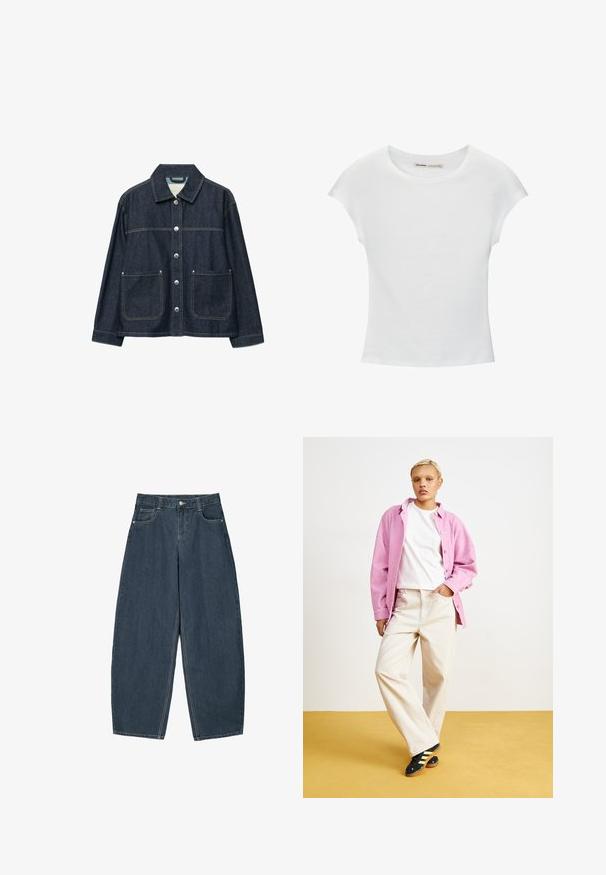 Mørkeblå denimjakke med sølvfarvede trykknapper foran, to forlommer med påsyede lommer og en lige krave.; Hvid bomuld t-shirt med korte, opsmøgede ærmer, rund halsudskæring og lige kant. Glat tekstur uden synlige mønstre eller detaljer.; Mørkeblå denim buede bukser med høj talje, som har fem lommer og synlige stingdetaljer. Ren, minimalistik design.; Lyserød fløjls skjorte over en hvid t-shirt, parret med beige brede bukser og sorte sko med gule striber. Sat mod en gul baggrund.