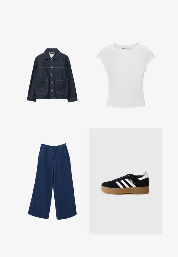 Mørkeblå denimjakke med sølvfarvede trykknapper foran, to forlommer med påsyede lommer og en lige krave.; Hvid bomuld t-shirt med korte, opsmøgede ærmer, rund halsudskæring og lige kant. Glat tekstur uden synlige mønstre eller detaljer.; Bredde ben denim bukser i mørkeblå. Har to forlommer, en knappelukning og en glat tekstur med et let materiale.; Sort ruskindssneaker med hvide tre striber og guldfarvet logo. Sål i gummi med tekstureret greb. Klassisk lavtop-design med rundet tå.
