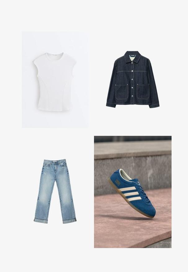 Mørkeblå denimjakke med sølvfarvede trykknapper foran, to forlommer med påsyede lommer og en lige krave.; Hvid ribstrikket ærmeløs top med rund halsudskæring og buede sømdetaljer på en flad hvid baggrund.; Lyseblå cowboybukser med vide ben, opkrogede kanter og let slid foran ved lommerne og lårene.; Blå ruskindsneaker med cremefarvede striber og snørebånd, sål af gummiridse, tekstureret overflade, rundet tå og mærkning på siden.