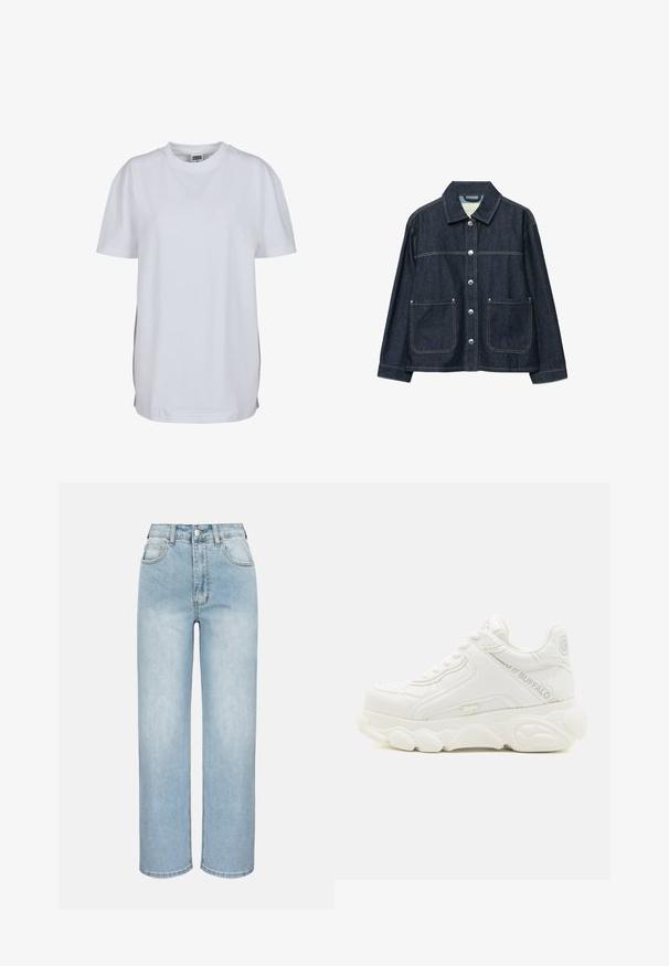 Veste en denim bleu foncé avec boutons-pression argentés sur le devant, deux poches plaquées à l'avant, et un col droit.; T-shirt blanc uni à manches courtes avec col rond, ourlet droit et petite étiquette de marque visible à l'intérieur du col.; Jean bleu clair taille haute à jambes droites avec bouton sur le devant, fermeture éclair, passants pour ceinture et design à cinq poches sur fond uni.; Basket blanche épaisse avec semelle épaisse, design à lacets, et marquage "Buffalo" sur le côté et le talon.