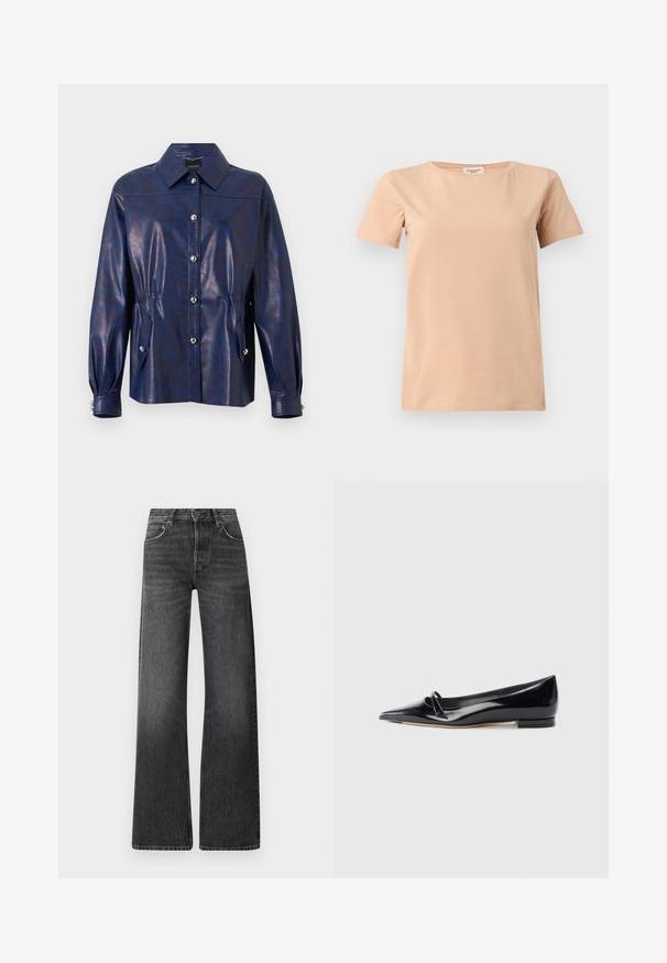 Mørkeblå jakke i imiteret læder med subtilt dyreprint, knaplukning foran, taljefremhævet, manchetærmer og to forlommer med knapper.; Beige kortærmet T-shirt med rund halsudskæring og lige kant på en ensfarvet lysegrå baggrund.; Sorte denim jeans med høj talje og bred ben-design. Har fem lommer og en subtil falmet tekstur med kontrastfarvet syninger.; Sorte patentlæder flade sko med spids tå, lille dekorativ rem og lav blokhæl. Glat tekstur og strømlinet design.