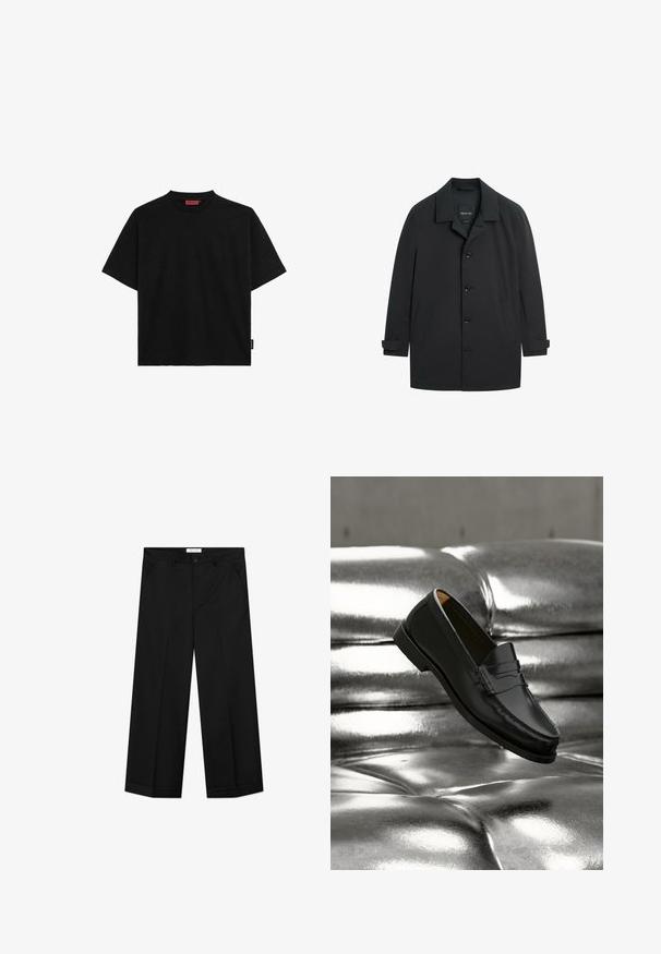 Schwarzer Herrenmantel mit einreihiger Knopfleiste, vier Knöpfen, zwei Seitentaschen und Kragen, flach auf weißem Hintergrund gelegt.; Schwarzes kurzärmliges T-Shirt aus Baumwolle mit Rundhalsausschnitt und einem kleinen Etikett an der Seite. Glatte Textur und gerader Schnitt.; Schwarze Hosen mit weitem Bein aus glattem Material, mit Vordertaschen, einem Knopfverschluss und einer Bügelfalte an jedem Bein.; Schwarzer Lederloafer, der über einem glänzenden silberfarbenen, gesteppte Ledersofa in einer minimalistischen Umgebung schwebt.