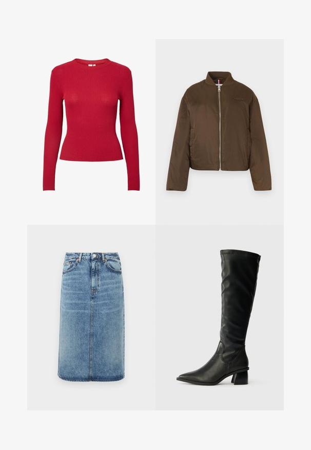 Bruine cropped jas van gladde stof, met een hoge kraag, ritssluiting en logo-borduring op de borst.; Rode geribbelde long-sleeve top met een ronde hals en een pasvorm die aansluit. Heeft een gladde textuur met even verticale lijnen.; Denim rok in lichtblauw. Heeft een rechte silhouet, vijf zakken, en een knoopsluiting met riemlussen. Verweerde textuuraccenten.; Zwarte leren kniehoge laars met een puntige neus, gestructureerde bovenkant en een dikke blokhak. Heeft elastische zijkanten voor eenvoudig aan- en uittrekken.