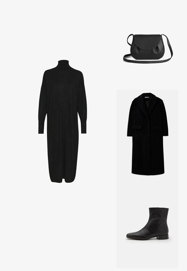 Manteau long en mélange de laine noire avec col à revers, deux poches plaquées à l'avant, manches longues et une poche poitrine passepoilée, déboutonné.; Robe en tricot noir avec un col montant haut, des manches longues et une coupe décontractée. Texture lisse, longueur mi-mollet et sans motifs ni accents visibles.; Botte cheville en cuir noir avec un bout pointu, texture lisse, design minimaliste et un petit talon carré. La fermeture éclair sur le côté monte jusqu'à la cheville.; Sac en cuir noir en bandoulière avec une forme arrondie, présentant une fermeture à rabat et des accents doux et froncés. Bandoulière réglable pour plus de commodité.
