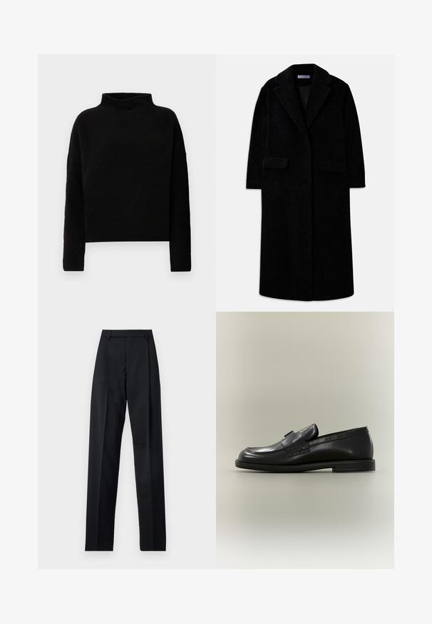 Manteau long en mélange de laine noire avec col à revers, deux poches plaquées à l'avant, manches longues et une poche poitrine passepoilée, déboutonné.; Pull en col roulé noir en tissu doux, avec des manches longues et une coupe décontractée, présentant des coutures minimales et sans embellissements visibles.; Pantalon noir en tissu lisse avec taille haute, jambes larges, plis à l'avant et passants de ceinture classiques. Pas de poches latérales visibles.; Mocassin en cuir noir avec un petit talon, un bout arrondi et des détails cousus sur un fond neutre.