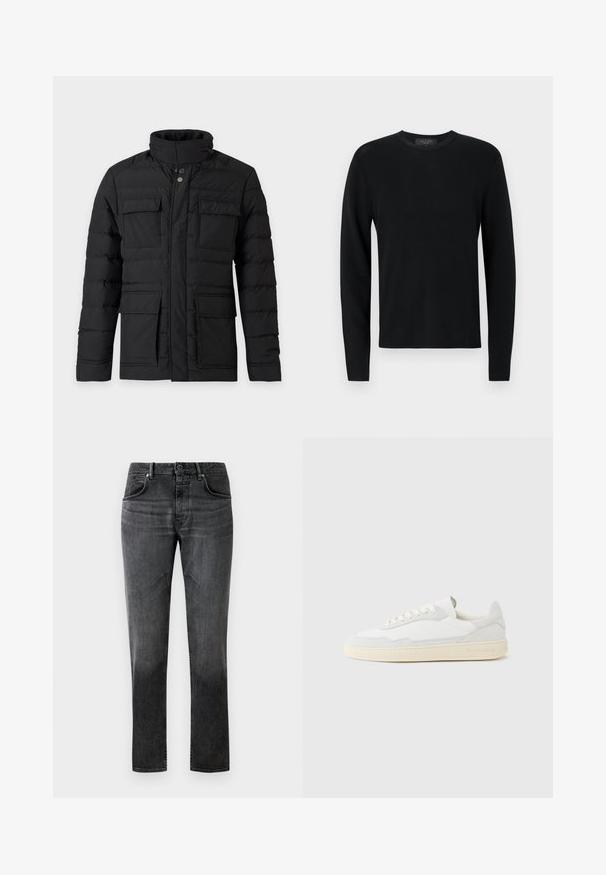 Veste matelassée noire avec col montant, deux poches à rabat sur la poitrine et deux grandes poches inférieures à rabat, conçue pour temps froid.; Pull longs en coton noir avec une texture côtelée, col rond et manches ajustées. Design uni sans motifs ni accents.; Jean en denim noir à coupe droite, design à cinq poches et décoloration subtile. Équipé d'une fermeture à bouton et de passants de ceinture. Texture lisse.; Baskets blanches avec dessus en daim et cuir texturé. Caractérisées par un bout arrondi, une fermeture à lacets et une semelle en caoutchouc beige contrastante.