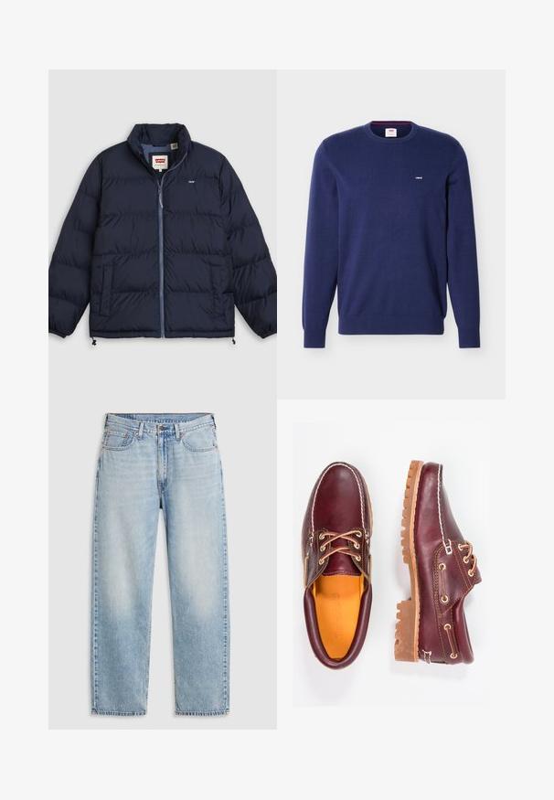 Mørkeblå dunjakke med frontlynlås, to sidelommer, elastiske ærmeafslutninger og Levi's-logo på brystet og på indvendig kraveetiket.; Navyblå Levi's crewneck-trøje med lange ærmer og lille hvidt Levi's-logo på venstre bryst.; Lyseblå lige jeans med fem lommer, metalknaplukning og falmede detaljer ved lårene og knæene, lagt fladt på hvid baggrund.; Bordeaux lædersko med brune gummisåler, rund tå, hvid syning og gyldne snøringer. Indersiden har et gult for.