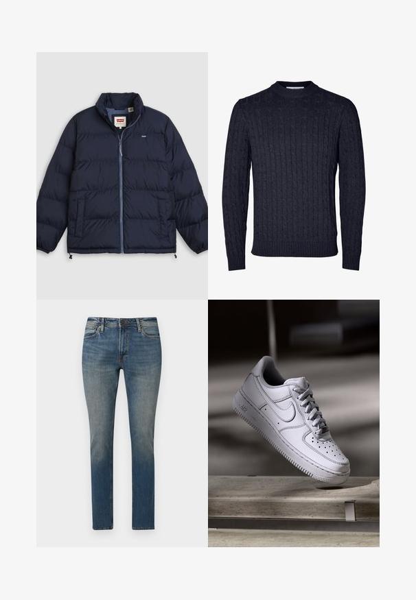 Laivastonsininen toppatakki, jossa etuvetoketju, kaksi sivutaskua, joustavat hihansuut ja Levi's-logo rinnassa sekä kauluksen sisäpuolella.; Tumma laivastonsininen kaapelitekninen neule, jossa on resorireunuksinen pyöreä pääntie ja pitkät hihat. Koko neuleessa on teksturoitu kuvio, valmistettu pehmeästä kankaasta.; Siniset suoralahkeiset farkut, joissa keskitason vyötärö, edessä nappi- ja vetoketjukiinnitys sekä haalistunut pesu.; Valkoinen nahkainen Nike Air Force 1 -tennari, jossa on rei'itetty kärki, litteät nauhat ja kuvioitu kumipohja, jossa on "AIR"-merkintä sivulla.