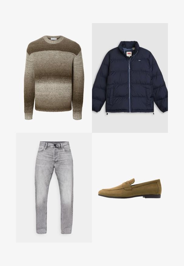 Marineblaue Steppjacke mit Frontreißverschluss, zwei Seitentaschen, elastischen Bündchen und Levi's-Logo auf der Brust und im Innenkragenetikett.; Langärmeliger Strickpullover mit Rundhalsausschnitt, der horizontale Farbverläufe in Braun- und Beigetönen zeigt.; Graue Denim-Jeans mit geradem Schnitt, gekennzeichnet durch eine abgetragene Waschung, Fünf-Taschen-Design sowie standardmäßigen Knopf- und Reißverschluss.; Hellbrauner Herrenloafer aus Wildleder mit niedrigem schwarzem Absatz und einem Riemendetail oben, seitlich auf weißem Hintergrund dargestellt.