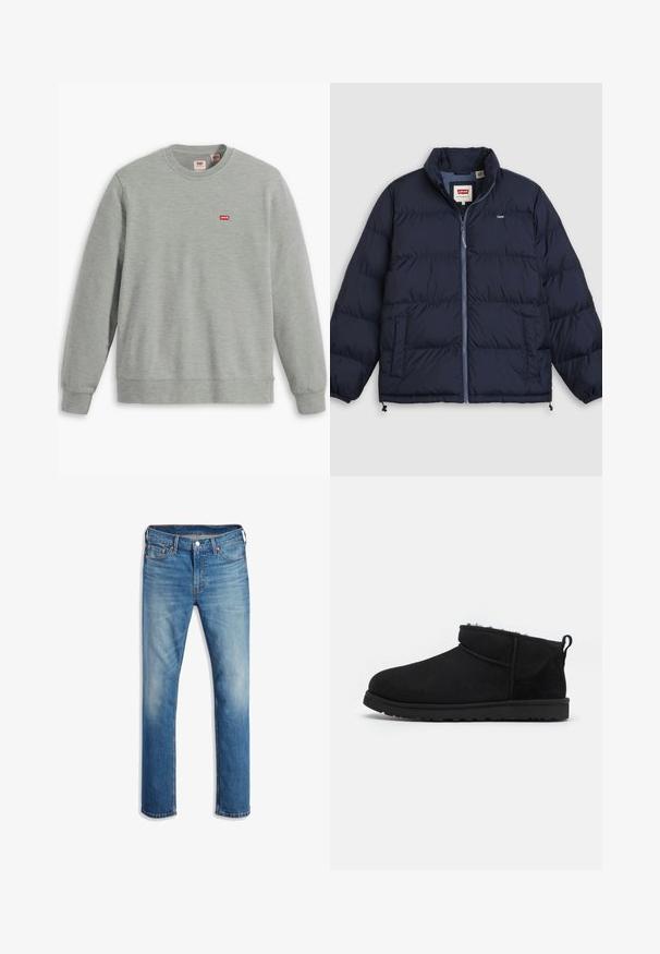 Doudoune bleu marine avec fermeture éclair à l'avant, deux poches latérales, poignets élastiques et logo Levi's sur la poitrine et sur l'étiquette intérieure du col.; Sweatshirt gris en tissu doux. Présente un col rond et des manches longues. Affiche un petit logo rouge Levi's sur la poitrine.; Jeans en denim bleu clair avec une coupe droite, cinq poches, fermeture à bouton, décoloration subtile et accents de couture orange.; Bottines noires en daim avec une doublure douce et texturée, une semelle en caoutchouc basse et une languette à l'arrière pour un enfilage facile.